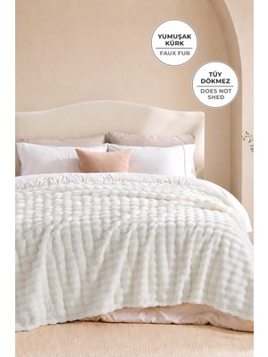 Evien Home Kürk Bubble Battaniye Çift Kişilik Peluş Tavşan Tüyü Yumuşak 220X240 cm Krem Kırık Beyaz