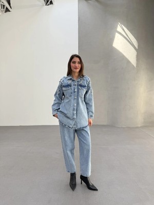 Taş Detaylı Denim Gömlek ve Pantolon Ikili Takım