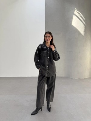 Taş Detaylı Denim Gömlek ve Pantolon Ikili Takım