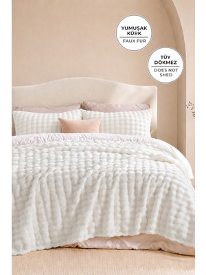 Evien Home Kürk Bubble Battaniye Seti Çift Kişilik Peluş Tavşan Tüyü 3 Parça Yumuşak 220X240 cm Krem Kırık Beyaz