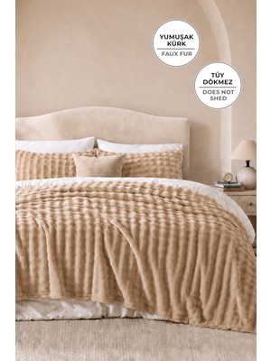 Evien Home Kürk Bubble Battaniye Seti Çift Kişilik Peluş Tavşan Tüyü 3 Parça Yumuşak 220X240 cm Bej