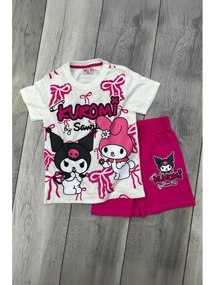 Eqru Store Kuromi Baskılı Beyaz Tişört ve Fuşya Renkli Şortlu Kız Çocuk Takım