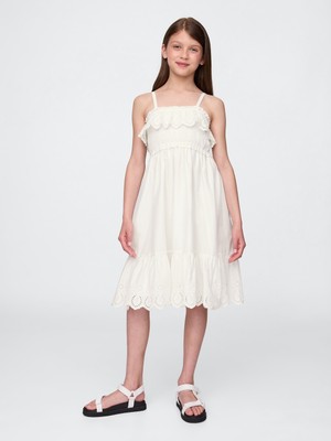 Gap Kız Çocuk Beyaz Kids Smocked Ruffle Midi Elbise