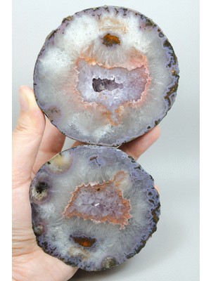 Healcrystal Parlatılmış Almus Akik Çifti lavanta Mor Dantel Karadeniz Akik, Somon Pembe Kenarlı Ametist Kuvars Kristal Geode Nodülü