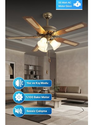 Reyo Lodos Ahşap 132CM Ipli Bakır Motor 3 Lambalı Tavan Vantilatörü Ahşap