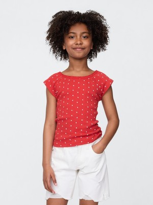 Gap Kız Çocuk Kırmızı Dantel Yaka Pointelle T-Shirt