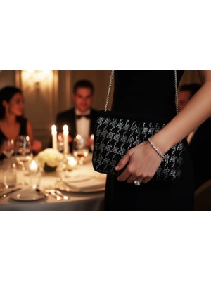 Muguetarts %100 El Yapımı Siyah El Çantası – Gümüş Tel Işlemeli Abiye Çanta  35X21 cm