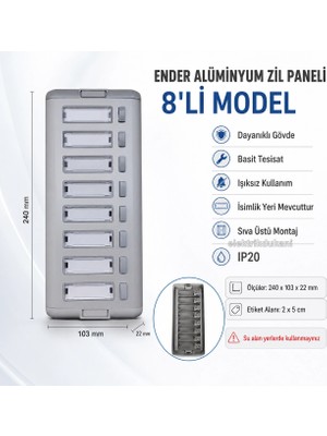 Ender Işıksız 8li Alüminyum Zil Butonu Paneli Sıva Üstü (Sekizli Zil)
