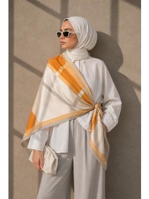 Afvente Minimal Geometrik Çizgi Desen Hardal-Bej Soft Fular Eşarp 90X90 cm