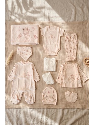 Babydonat Lüks Pamuklu Pudra Pembe Tavşan Nakışlı 10 Parça Kız Bebek Hastane Çıkışı Seti - Yenido�