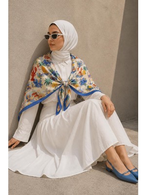 Afvente Deniz Desen Mavi-Turuncu Soft Fular Eşarp 90X90 cm