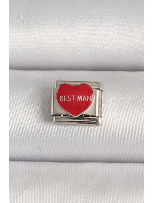 Mercora Tech 316L Çelik Gümüş Renk 'best Man' Yazılı Kırmızı Kalp Işlemeli Nomination Charm