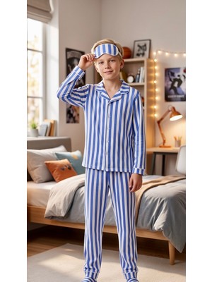 Enie Erkek Çocuk Mavi Pamuklu Çizgili Uzun Kollu Pijama Takımı + Göz Bandı