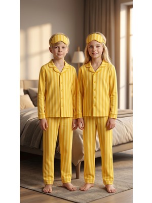 Enie Kız ve Erkek Çocuk Sarı Pamuklu Çizgili Uzun Kollu Pijama Takımı + Göz Bandı