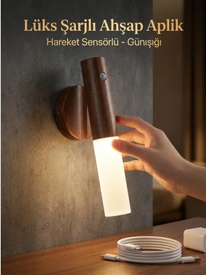 Mercora Tech Hareket Sensörlü Kablosuz LED Aplik Şarjlı Ahşap Renk Günışığı Duvar Lüks Lambası