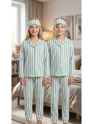 Enie Kız ve Erkek Çocuk Mint Yeşili Pembe Pamuklu Çizgili Uzun Kollu Pijama Takımı + Göz Bandı