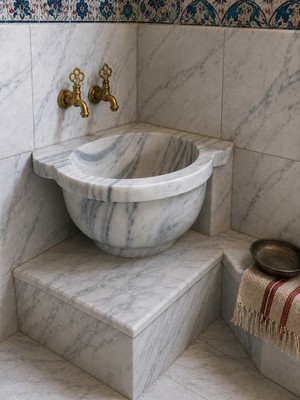 Deca Stone Mermer Hamam Kurnası - Beyaz Mermer Köşe Hamam Kurnası