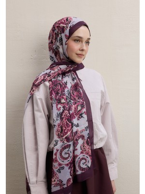 Fresh Scarfs Wild Flora Desen İpek Krep Şal Mürdüm