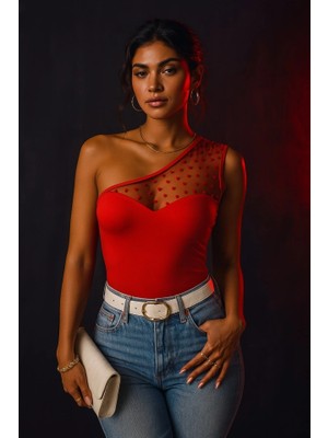 Defy Moda Kadın Tek Omuz Tül Detaylı Krep Bluz