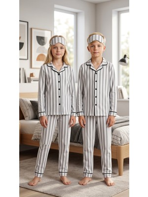 Enie Kız ve Erkek Çocuk Gri Pamuklu Çizgili Uzun Kollu Pijama Takımı + Göz Bandı