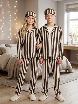 Enie Kız ve Erkek Çocuk Kahverengi Pamuklu Çizgili Uzun Kollu Pijama Takımı + Göz Bandı