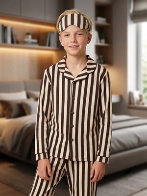 Enie Kız ve Erkek Çocuk Kahverengi Pamuklu Çizgili Uzun Kollu Pijama Takımı + Göz Bandı