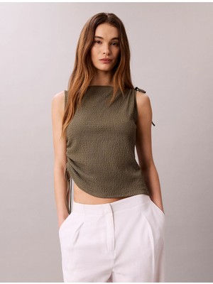 Calvin Klein Kadın Normal Kalıp Sıfır Yaka Kolsuz Fitilli Haki T-Shirt LV047G290G-LDY