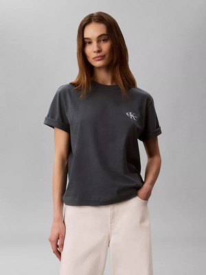 Calvin Klein Kadın Normal Kalıp Pamuklu Yuvarlak Yakalı Ck Logo Baskılı Kısa Kollu Antrasit T-Shirt LV047G826G-CEG