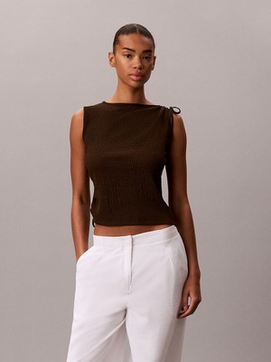 Calvin Klein Kadın Normal Kalıp Sıfır Yaka Kolsuz Fitilli Kahverengi T-Shirt LV047G290G-TO2