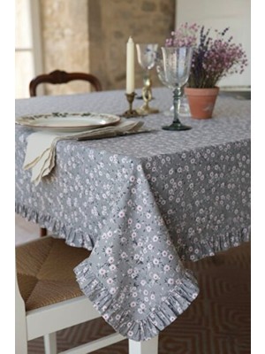 Empressco Gri Çiçekli Vintage Masa Örtüsü, Fırfırlı, 140X120 cm