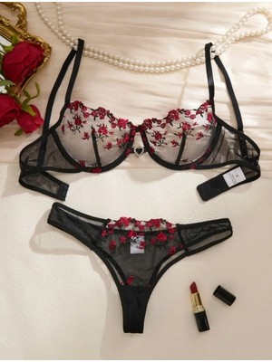 Rouge Fleur Nakışlı Transparan Sütyen Takımı DM1415