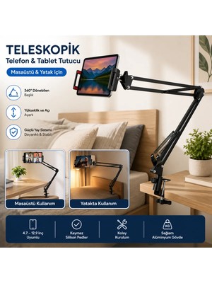 Polham Teleskopik Masaüstü ve Yatak Bazası Için Telefon ve Tablet Tutucu Stand, Yükseklik ve Açı Ayarlı Tablet Tutucu