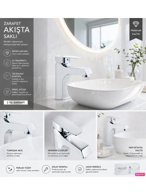 Rena Design Lavabo Bataryası Krom Lüks Ağır Gövde Prinç Banyo Su Tasarruflu Aç Kapa 2 Yıl Garantili Kare Sıcak Soğuk Gümüş Gri