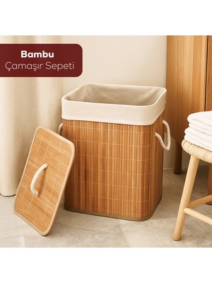 Porsima Pbt-053 Kapaklı Kirli Çamaşır Sepeti Dikdörtgen - Bambu Kirli Çamaşır Sepeti