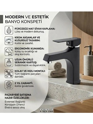 Rena Design Lavabo Bataryası Mat Siyah Lüks Ağır Gövde Prinç Banyo Su Tasarruflu Aç Kapa 2 Yıl Garantili Kare Sıcak Soğuk