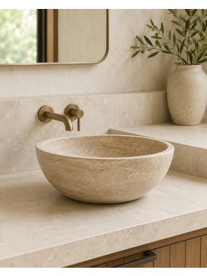 Deca Stone Mermer Lavabo - Bej Mermer Çanak Lavabo