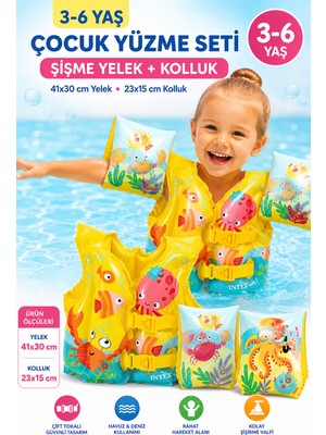 Yıldırım Oyuncak 3–6 Yaş Şişme Çocuk Yüzme Yeleği ve Kolluk Seti – Çift Tokalı Deniz Canlıları Desenli Havuz ve Deniz Yüzme Destek Seti