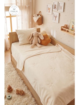 Ocean Home Textile %100 Pamuk Penye Ekru Yıldız Nakışlı Bebek Çok Amaçlı Örtü 90 x 120 cm