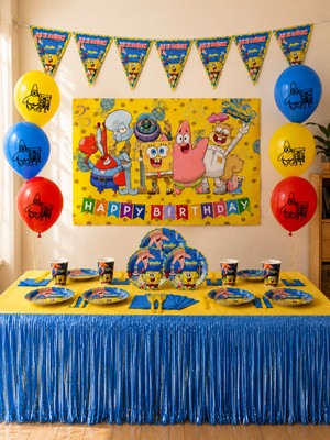 Sünger Bob Sponge Bob Patrick Kare Pantolon Afişli Metalize Masa Etekli Doğum Günü Parti Malzemeleri Süsleri Seti