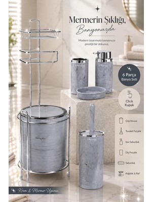 Okyanus Home  Yuvarlak Kromlu Mermer Desen Yedekli Wc Kağıtlık ve 6 Parça Banyo Seti
