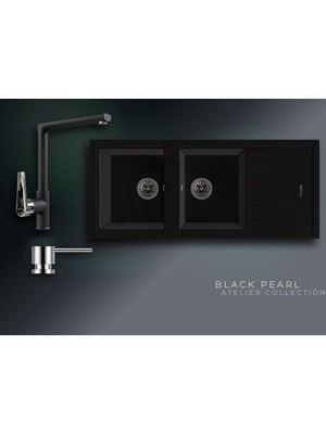 Real Stone Black Pearl 116x50 cm Çift Gözlü Damlalıklı Granit Evye ve Tek Gövdeli Batarya Seti