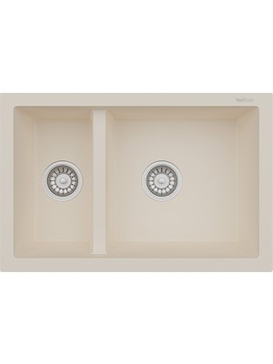 Real Stone Realstone Bergama P018 Granit Evye 770X530 mm Damlalıksız Çift Göz Mutfak Evyesi - Realstone 018 Bergama Krem