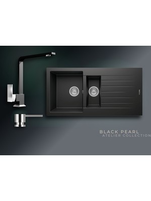 Real Stone Black Pearl 100x50 cm 1,5 Gözlü Damlalıklı Granit Evye ve L Kuğu Batarya Seti