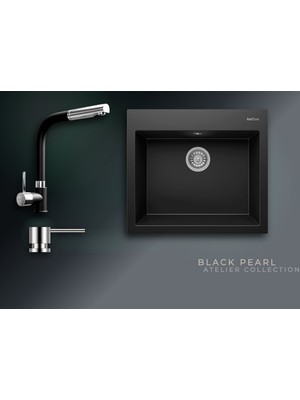 Real Stone Black Pearl 60x53 cm Tek Gözlü Granit Evye ve Spiralli Batarya Seti