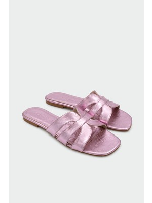 Laminta Taya Asimetrik Kesim Kadın Pembe Düz Terlik