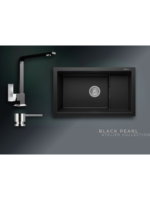 Real Stone Black Pearl 77x46 cm 1,5 Gözlü Granit Evye ve L Kuğu Batarya Seti