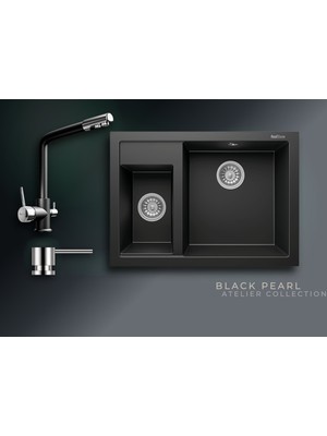 Real Stone Black Pearl 70x50 cm Çift Gözlü Granit Evye ve Arıtma Çıkışlı Batarya Seti