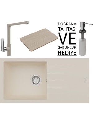 Real Stone Realstone P011 Assos 86 Xl Granit Eviye & Vesta Batarya Seti (+ Bambu Tahta ve Sabunluk Hediyeli) - Krem