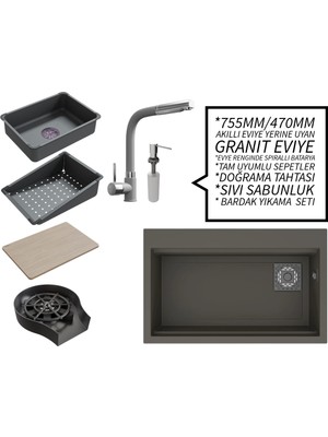 Real Stone Realstone 75 cm Kompakt Set - Akıllı Eviye Uyumlu Granit Eviye ve Spiralli Batarya Paketi - Gri