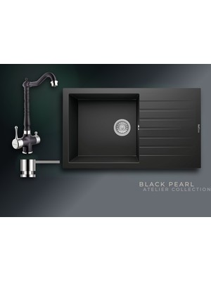 Real Stone Black Pearl 86x50 cm Tek Gözlü Granit Evye ve Arıtma Çıkışlı Rustik Batarya Seti